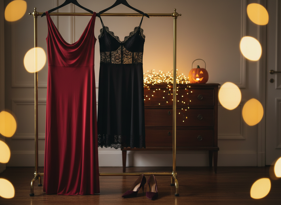 Party dresses on a clothes rail with heels and pumps below, lit by fairy lights